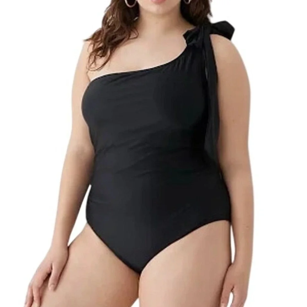 J Crew One Piece Womens 16 Black Bow One Shoulder‎ Swimsuit Modern Chic Beach